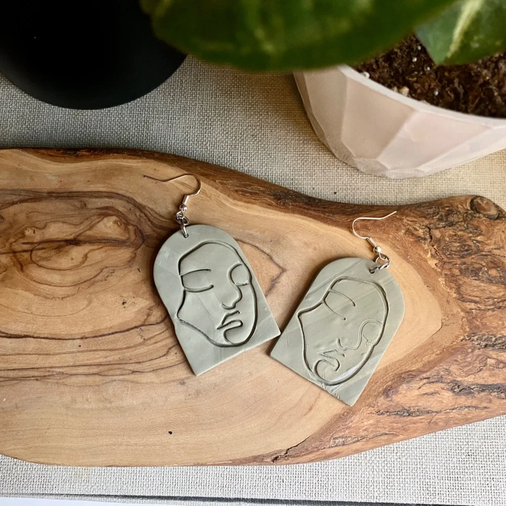 Handmade Clay Earrings | Face Outline Statue | Light Forest Green | Hook Backs - Picture 3 of 7